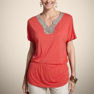 CHICO'S Orange Embellished Beaded Neck Blouse Sz 0